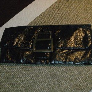 Black Patent Leather Foldover Clutch bag Purse Silver Hardware Magnetic Closure